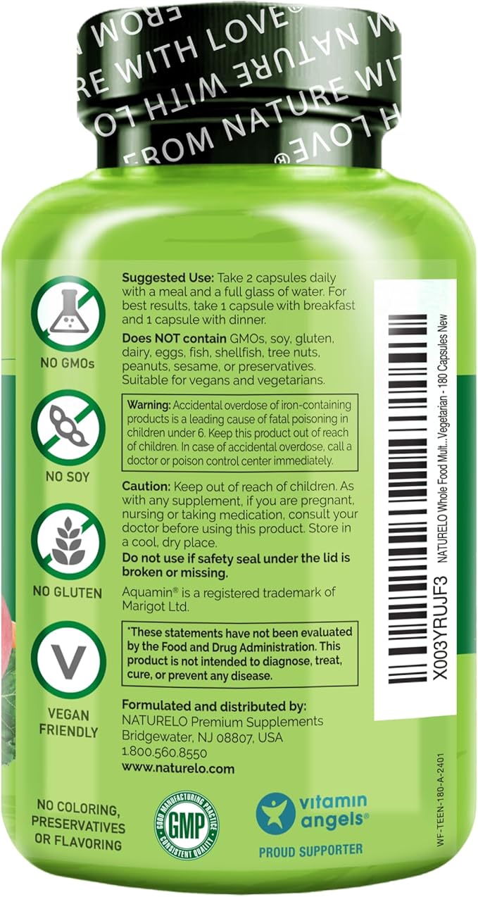 NATURELO Multivitamins for Teenage Girls/Boys, 180 Capsules, Whole Food Multivitamin with Minerals, Non-GMO, Vegetarian