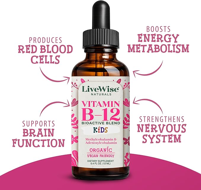 Organic Vitamin B12 Liquid Drops for Kids – Bioactive Blend with Methylcobalamin & Adenosylcobalamin - Vegan, Non-GMO, USDA Organic, 3 Months Supply, 0.4 FL OZ