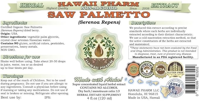 Hawaii Pharm Saw Palmetto Alcohol-Free Liquid Extract, Professional Grade, Small Batch Crafted Saw Palmetto (Serenoa Repens) Dried Berry Glycerite Natural Herbal Supplement, 2x4 fl.oz