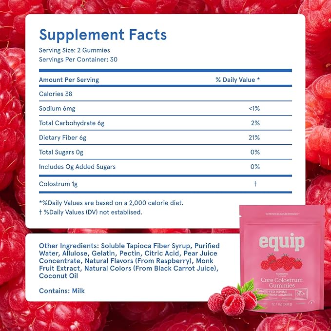 Equip Foods Core Bovine Colostrum Gummies - Delicious 1g Per Seving Grass Fed Colostrum Supplement - Gut Health, Immunity, Recovery, Hair & Skin - 60 Bovine Colostrum Gummies, 30 Servings, Raspberry