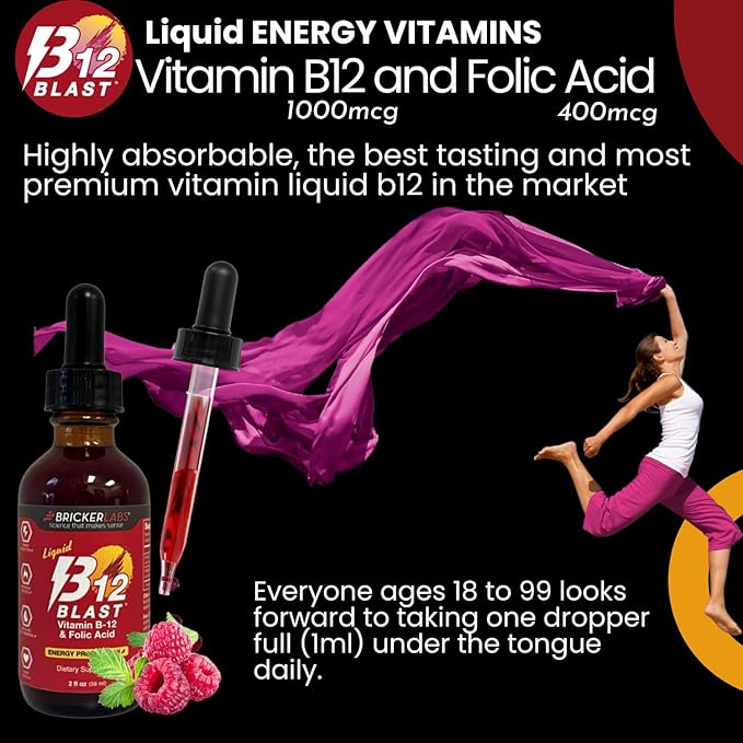 Bricker Labs B-12 Blast Liquid Vitamin B12 and Folic Acid Supplement, Support Energy Production, Great Tasting Liquid Vitamin B12 Dietary Supplement in Natural Raspberry Flavor, 2 fl oz Bottle