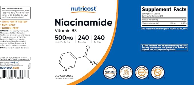 Nutricost Niacinamide (Vitamin B3) 500mg, 240 Capsules - Non-GMO, Gluten Free, Flush Free Vitamin B3