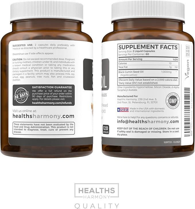 Black Seed Oil - 120 Softgel Capsules Skin Health (Non-GMO & Vegan) Cold-Pressed Nigella Sativa Producing Pure Black Cumin Seed Oil with Vitamin E - 500mg Each, 1000mg Per 2 Capsule Serving