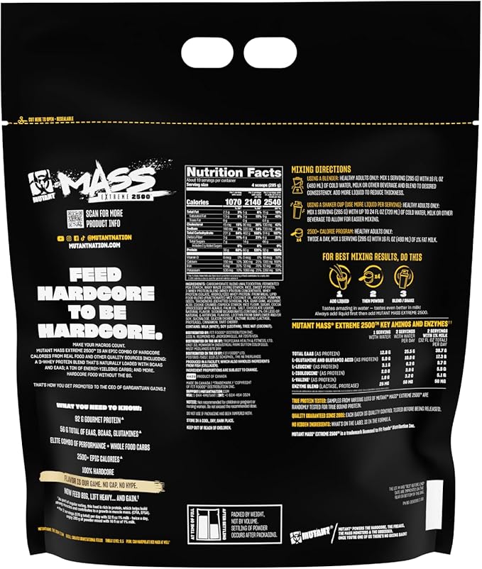 Mutant Mass Extreme 2500 Gainer - Whey Protein Powder with 3-Source Whey Protein Blend & Whole Food Carbs - High Calorie Mass Gainer for Muscle Building & Weight Gain - Cookies & Cream, 12 lbs