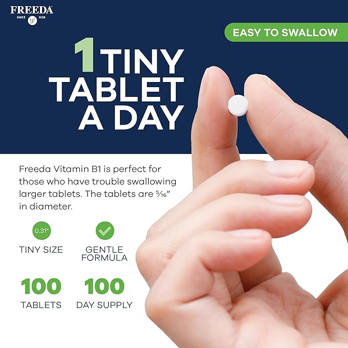 Freeda Vitamin B1 Thiamine 100mg - Supports Energy Metabolism, Nervous System Health - Kosher, Vegan, Gluten Free - Thiamin HCl 100 mg Vitamin B 1 - Pure Vit B1 Vitamin Thiamine B1 Supplement (100 Ct)