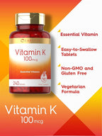 Carlyle Vitamin K 100 mcg | 240 Tablets | Vegetarian, Non-GMO, Gluten Free | Vitamin K Supplement