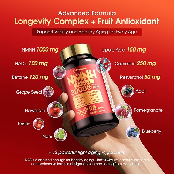 19-in-1 NMNH Supplement 1000mg, NAD Supplement to Boost NAD+ Levels, NMN Supplement Alternative with Resveratrol, Quercetin, Berberine, Grape Seed for Energy, Cellular Health & Healthy Aging, 90 Count