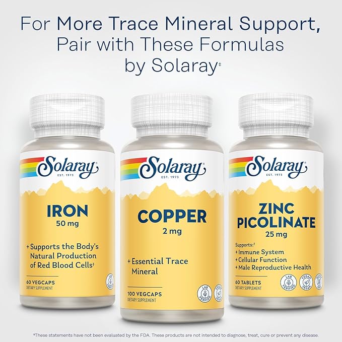 SOLARAY Copper Supplements - with Copper Bisglycinate 2mg - Trace Minerals Supplement - Essential Trace Mineral Balance and Wellness Support - Vegan, Lab Verified, 60-Day Guarantee - 100 Servings