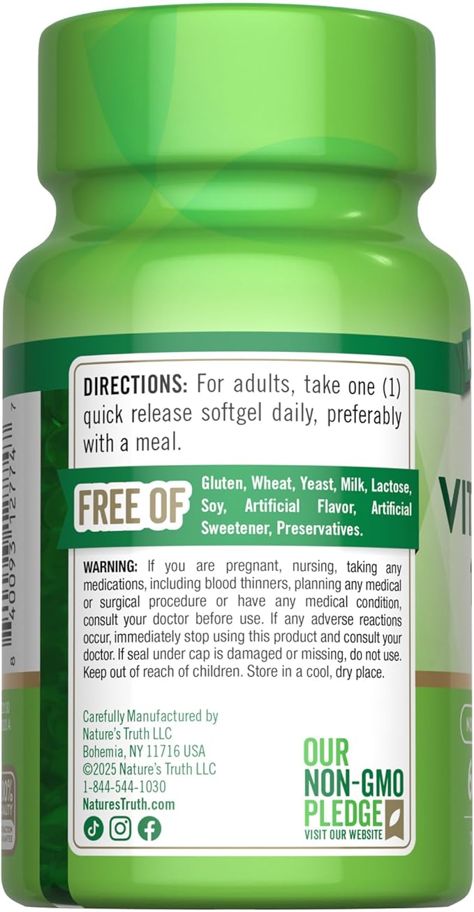Nature's Truth Vitamin K2 MK-7 | 100 mcg | 60 Softgels | Non-GMO & Gluten Free Supplement