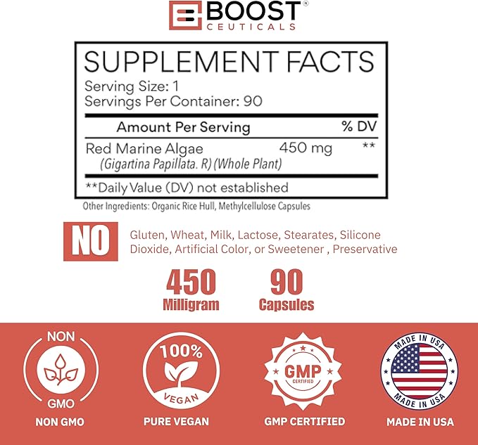 BoostCeuticals Gigartina Red Marine Algae Polysaccharides - Vegan Non-GMO Extract - Clean Immune Support Antioxidant Protection - 90 Capsules 90 Servings