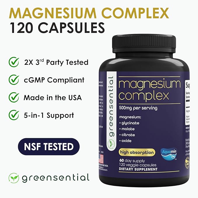 Greensential 5-in-1 Magnesium Complex 500mg | Glycinate, Malate, Citrate, Oxide & Aquamin® | Advanced Sleep, Muscle & Heart Support | Made in USA, Vegan, 120 Capsules