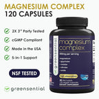 Greensential 5-in-1 Magnesium Complex 500mg | Glycinate, Malate, Citrate, Oxide & Aquamin® | Advanced Sleep, Muscle & Heart Support | Made in USA, Vegan, 120 Capsules