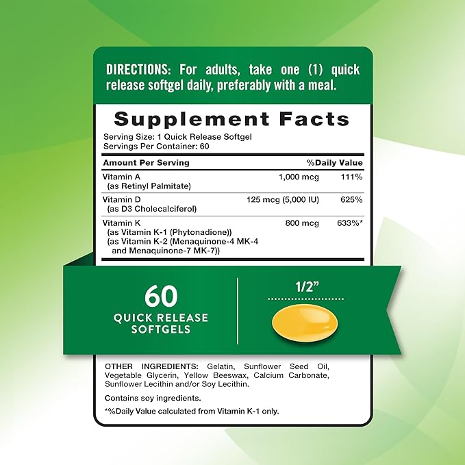 Nature's Truth Vitamin ADK | 60 Softgels | High Potency of Vitamin A, D3, K1 & K2 | Non-GMO & Gluten Free Supplement