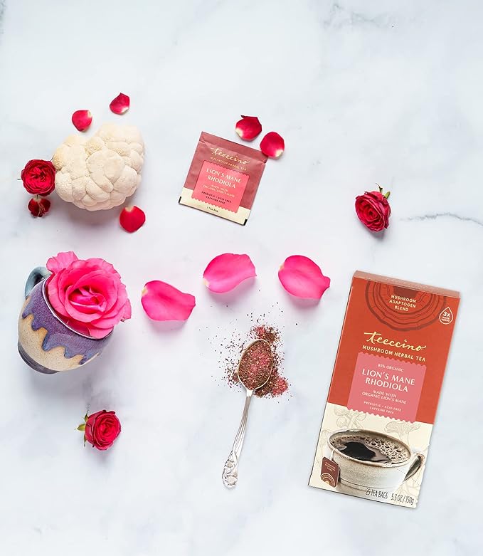 Teeccino Lion’s Mane Rhodiola Tea - Rose - 25 TeaBags Caffeine-Free Mushroom Adaptogenic Herbal Tea, 3x More Herbs than Regular Tea Bags, Lightly Sweet from Dates & Figs, Chicory Prebiotic - (Pack of 3)