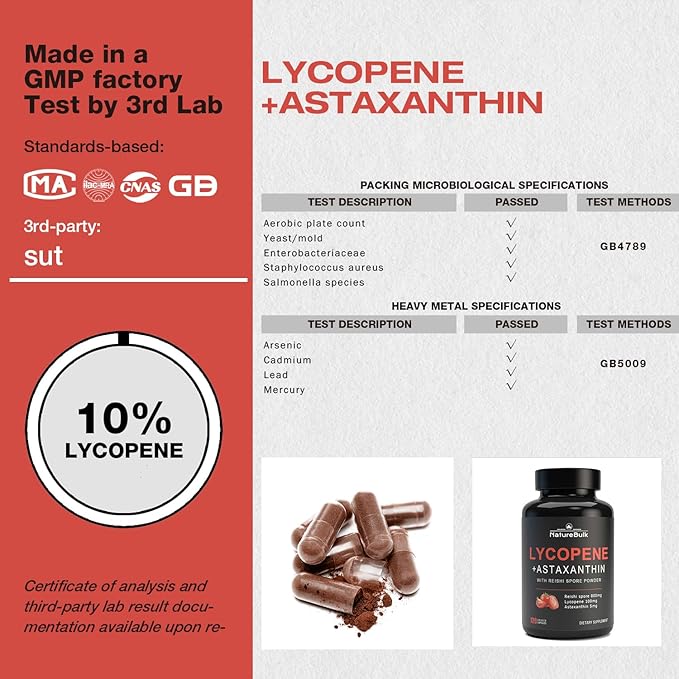 Lycopene 100mg + Astaxanthin 5mg with Reishi Spore, Supplement for Skin Health and Immune Support, 100% Natural Astaxanthin from MicroAlgae and Natural Tomato Extract, 120 Veggie Capsules