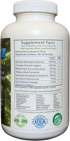 Sea of Greens – Organic Seaweed & Algae Superfood Blend – Spirulina, Chlorella, Bladderwrack, Wakame – Natural Iodine & Fucoidan – Oxalate-Free – 180 Vegetable Capsules