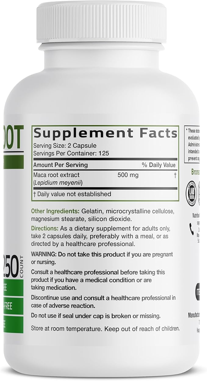 Bronson Maca Root Lepidium Meyenii Non-GMO, 250 Vegetarian Capsules