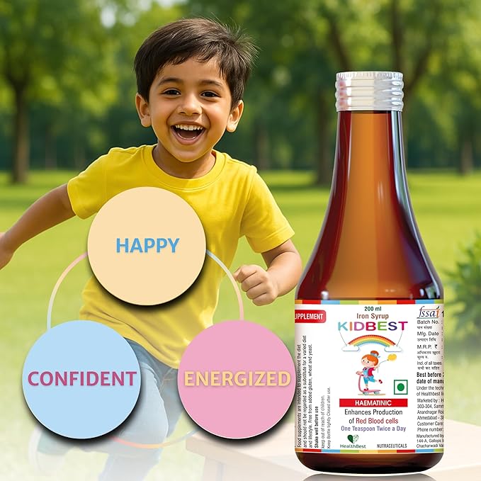 HealthBest Liquid Iron Syrup for Kids – Triple Action with Folic Acid and Zinc – Boosts Hemoglobin, Appetite, and Immunity – No Metallic Taste – 200ml Liquid Supplement, Safe & Effective