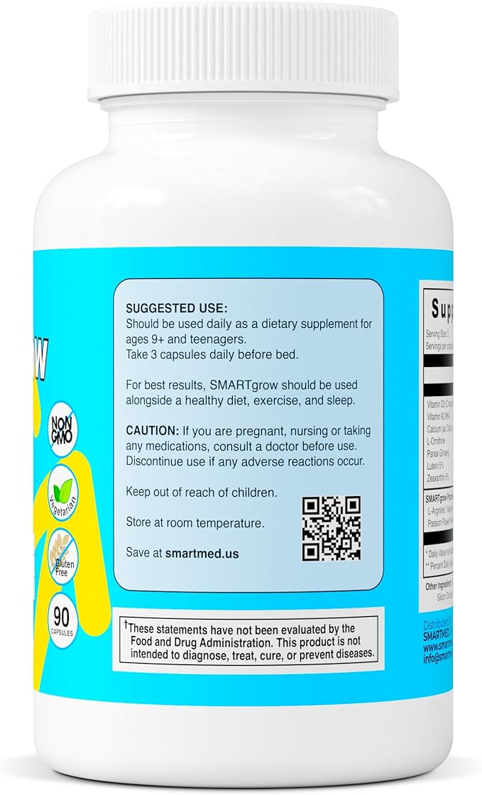 SmartGrow Premium Growth Formula for Teens – Bone, Brain, Sleep & Eye Support – Calcium, Vitamin D3, Amino Acids + Herbal Blend – Daily Wellness Supplement (90 Capsules)
