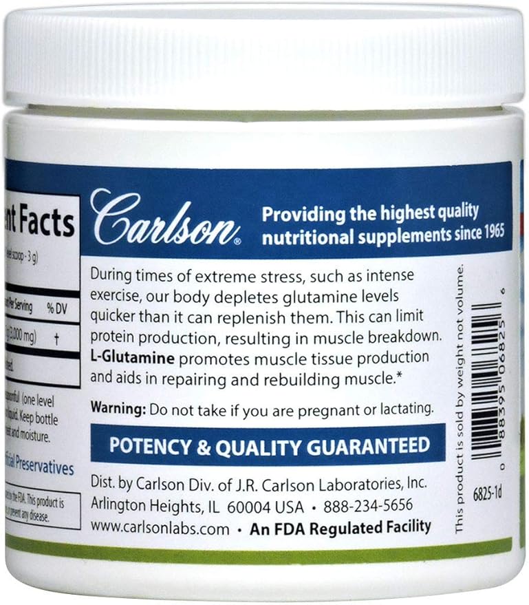 Carlson - L-Glutamine Powder, Free-Form Amino Acid, 3 g, Muscle Tissue Production & Function, Immune Support, 3.53 oz (100 g)
