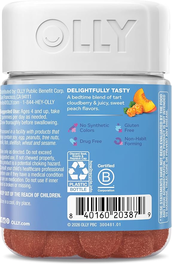 OLLY Kids Melatonin Free Sleep Gummy Supplement, Supports Sleep Quality,* Magnesium, L-Theanine, Lemon Balm, Cloudberry Peach Flavored, 25 Day Supply - 50 Count