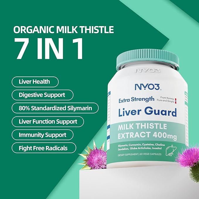 NYO3 Milk Thistle Extract 400mg, Liver Cleanse Detox & Repair Dietary Supplement for Liver Health, 60 Capsules Herbal Health Supplement, Antioxidant Support