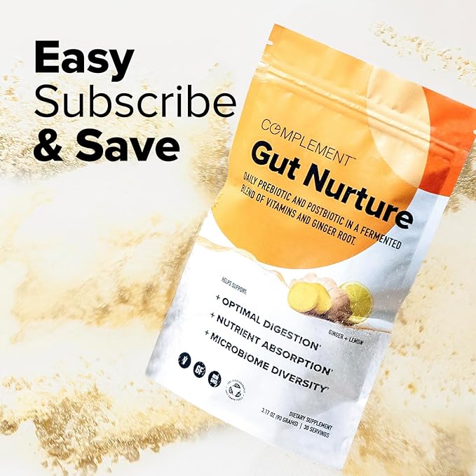 Complement Gut Nurture Prebiotic + Postbiotic Superfood Powder for Leaky Gut Repair, Probiotics for Digestive Health - Ginger Root - 30 Servings