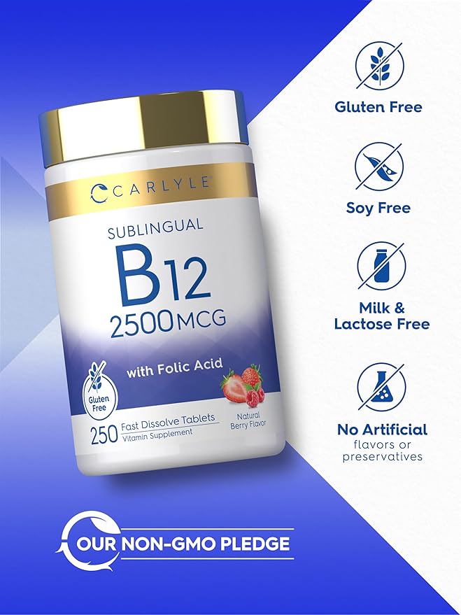 Carlyle Vitamin B12 Sublingual 2500 mcg | 250 Fast Dissolve Tablets | Cyanocobalamin Supplement with Folic Acid for Adults | Natural Berry Flavor | Vegetarian, Non-GMO, and Gluten Free