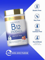 Carlyle Vitamin B12 Sublingual 2500 mcg | 250 Fast Dissolve Tablets | Cyanocobalamin Supplement with Folic Acid for Adults | Natural Berry Flavor | Vegetarian, Non-GMO, and Gluten Free