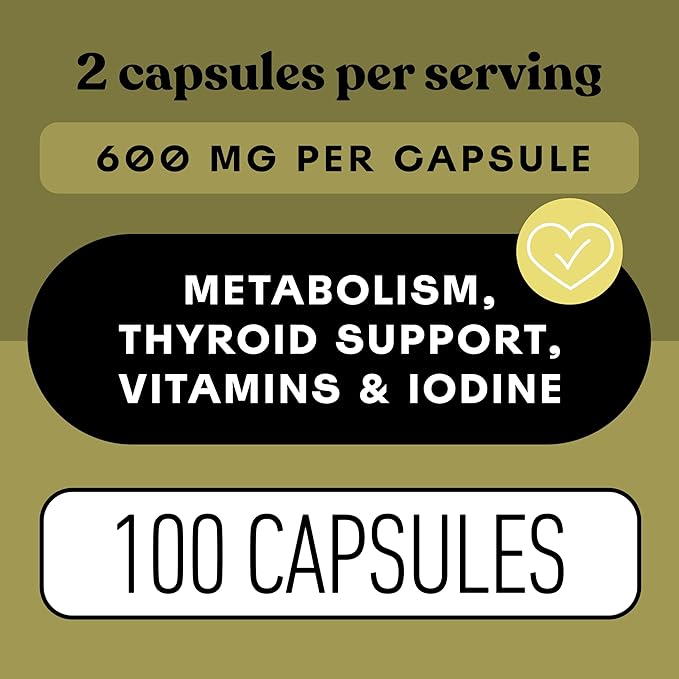 Complete Natural Products Organic Icelandic Sea Kelp Capsules - Pure 600mg Capsules, 100 Pills, Raw Seaweed & Thyroid Support Supplement