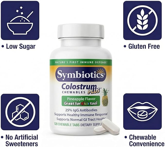 Symbiotics Naturade Colostrum Chewable Tablets – Immune & Digestive Support with Lactoferrin, Gluten Free, Low Sugar, Easy Daily Wellness Nutrition (120 Count - Pineapple)