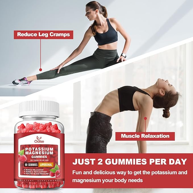 (2 Pack) Potassium Magnesium Gummies for Adults Kids, High Absorption Potassium Citrate 200mg Magnesium Glycinate 400mg, Chewable Gummy Supplements for Leg Cramps & Muscle, Raspberry