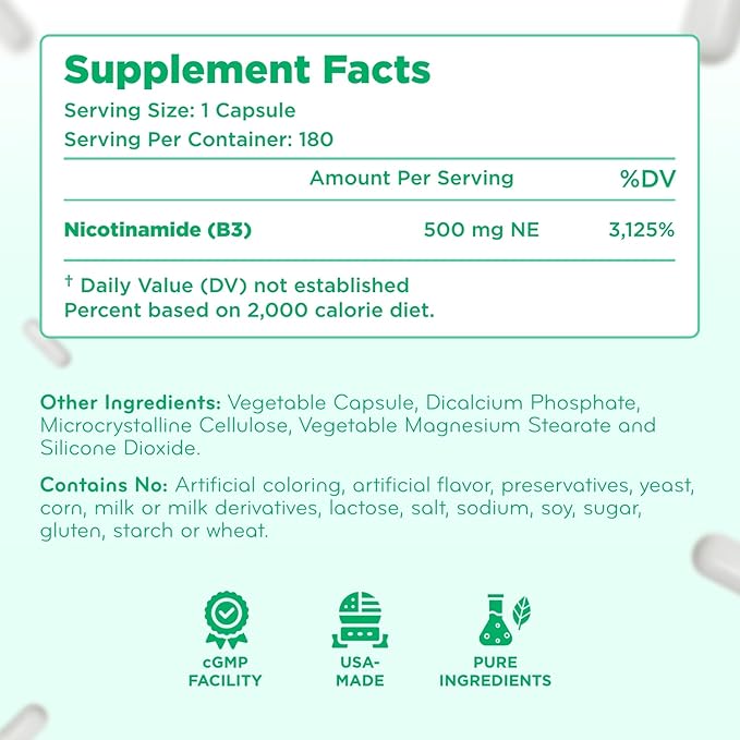 Vitamin B3 Nicotinamide 500mg - High Absorption Form of Vitamin B3 Niacin Flush Free for Hear Skin Brain and Energy Support - NAD Precursor - Made in a cGMP American Facility (360 Servings)