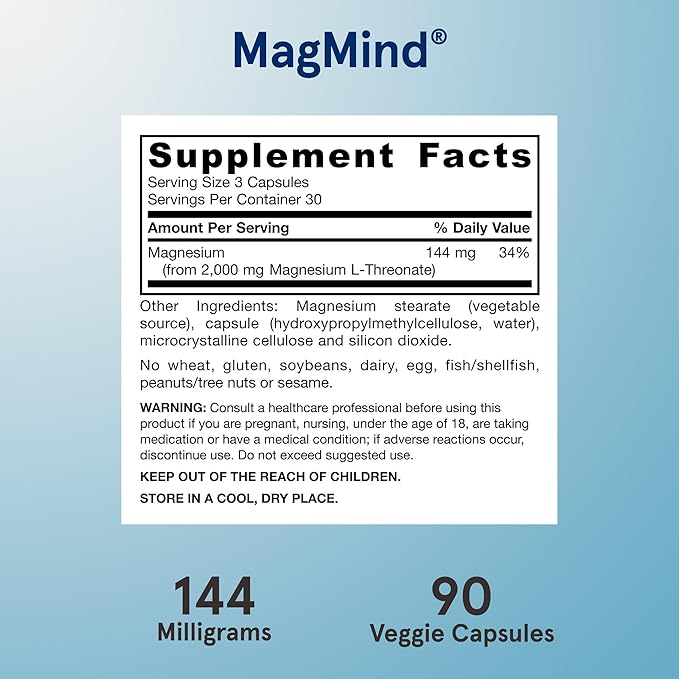 Jarrow Formulas Magnesium L-Threonate, MagMind Magtein Magnesium Supplement, Brain Supplements for Memory Support, 90 Veggie Capsules, Up to a 30 Day Supply