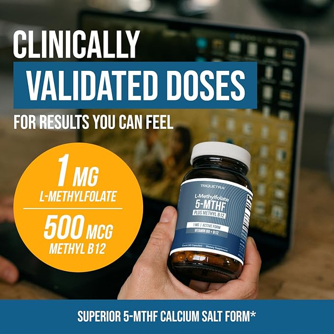 L Methyl Folate 1000 mcg Plus Methyl B12 Cofactor – Active 5-MTHF Form - Supports Mood, Methylation, Cognition – Highly Bioavailable Bioactive Forms of Vitamin B9 & B12 (60 Capsules – 60 Servings)