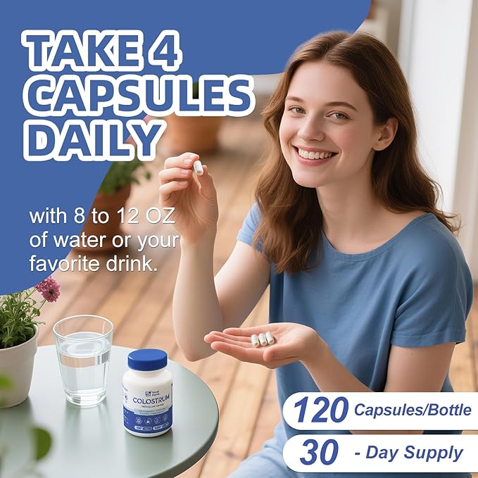 Colostrum Supplement 120 Capsules for Humans - Organic Bovine Colostrum Powder for Gut Health, Hair Growth, Beauty, and Immune Support - Unflavored (120 Capsules)