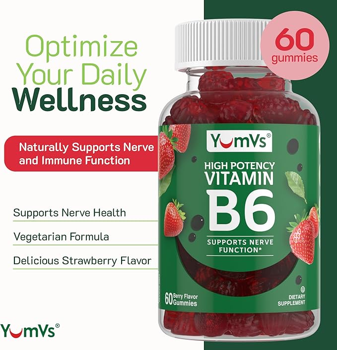 YUM-V'S Vitamin B6 Gummies - High Potency Vitamin B6 100mg - Strawberry Flavor B6 Vitamins Gummies - Nerve & Immune Function, Non GMO Kosher, 60 Count - 2 Pack