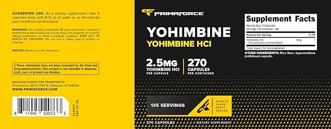 PrimaForce Yohimbine HCl 2.5mg, 270 Capsules - Premium Supplement, Boosts Performance, Zero Fillers, Non-GMO and Gluten Free
