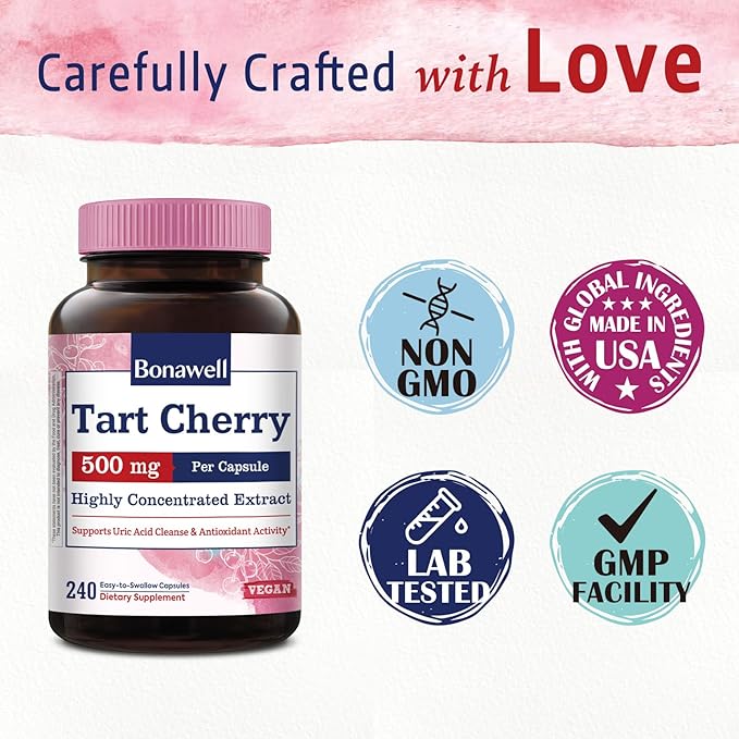 Bonawell Tart Cherry Capsule, 500mg Extract Per Capsule, Made from Montmorency Tart Cherries, Powerful Uric Acid Cleanse, Antioxidant Support, 8 Month Supply, 240 Capsules