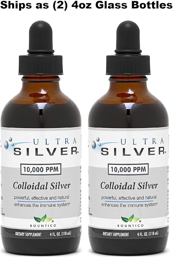 Ultra Silver® Colloidal Silver | 10,000 PPM, 8 Oz (236mL) | Ships as (2) 4 Ounce Glass Bottles | Mineral Supplement | True Colloidal Silver - with Dropper
