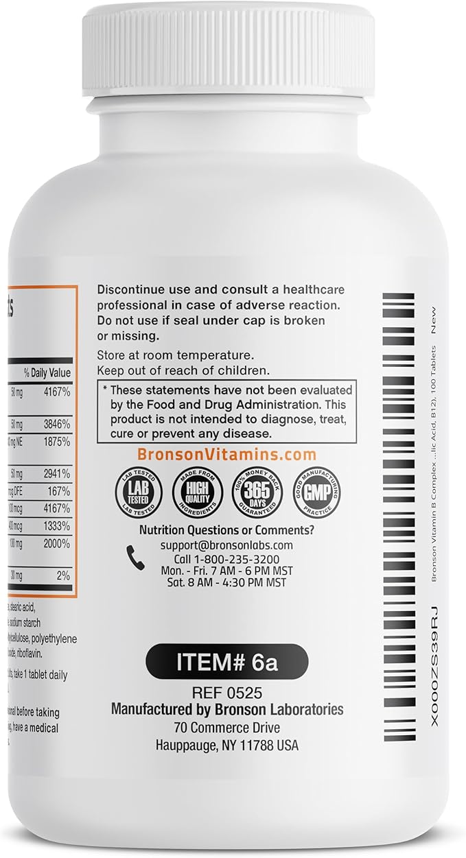 Bronson Vitamin B Complex (Vitamin B1, B2, B3, B6, B9 - Folic Acid, B12), 100 Tablets