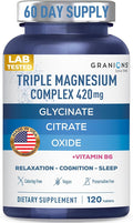 Granions Triple Magnesium Complex + Vitamin B6-420mg Elemental Magnesium Gylcinate Citrate Oxide - Made in USA - Muscle, Nerves, Calm, Sleep 100% DV Supplement for Women and Men - 120 Tablets