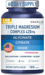 Granions Triple Magnesium Complex + Vitamin B6-420mg Elemental Magnesium Gylcinate Citrate Oxide - Made in USA - Muscle, Nerves, Calm, Sleep 100% DV Supplement for Women and Men - 120 Tablets