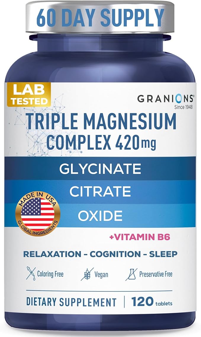 Granions Triple Magnesium Complex + Vitamin B6-420mg Elemental Magnesium Gylcinate Citrate Oxide - Made in USA - Muscle, Nerves, Calm, Sleep 100% DV Supplement for Women and Men - 120 Tablets
