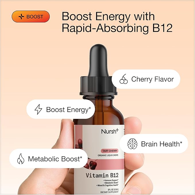 Nursh+ Boost Sublingual Vitamin B12 Liquid Drops – Extra Strength 5000 mcg Methylcobalamin for Energy Boost & Daily Wellness, Fast Absorbing, USDA Certified Organic & Vegan, 2 fl oz