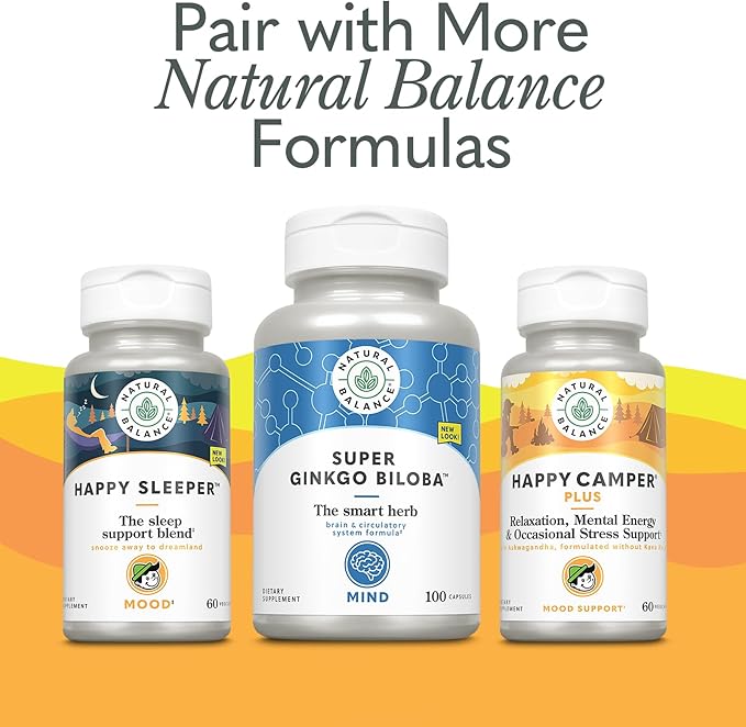 Natural Balance Happy Camper Plus - Supports Relaxation, Mental Energy, Occasional Stress w/KSM-66 Ashwagandha, L Theanine 200mg, Passion Flower, Lemon Balm, Holy Basil, 60-Day Guarantee, 30 Servings