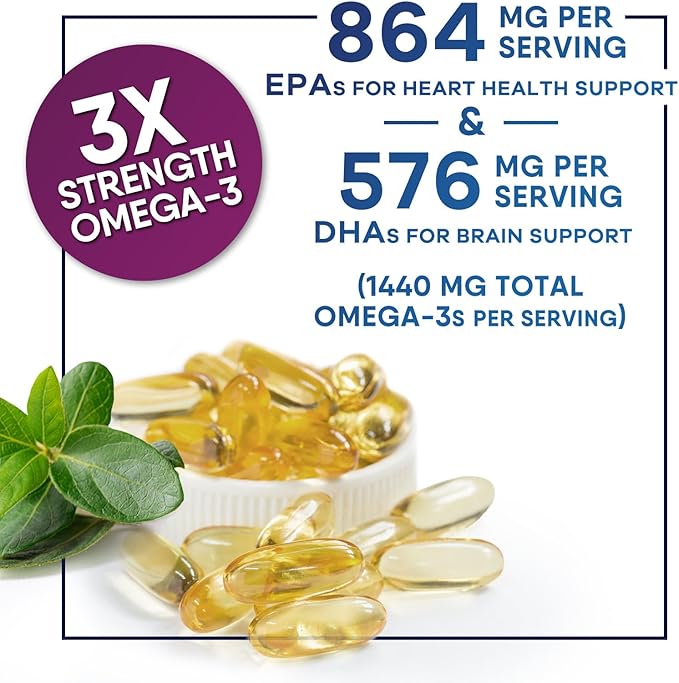 Omega 3 Fish Oil Supplements - 2400mg Fish Oil Per Serving - Triple Strength Omega-3 with EPA & DHA Fatty Acids - Natural Heart, Brain & Immune Support - Wild Caught, Bottled in USA - 180 Softgels