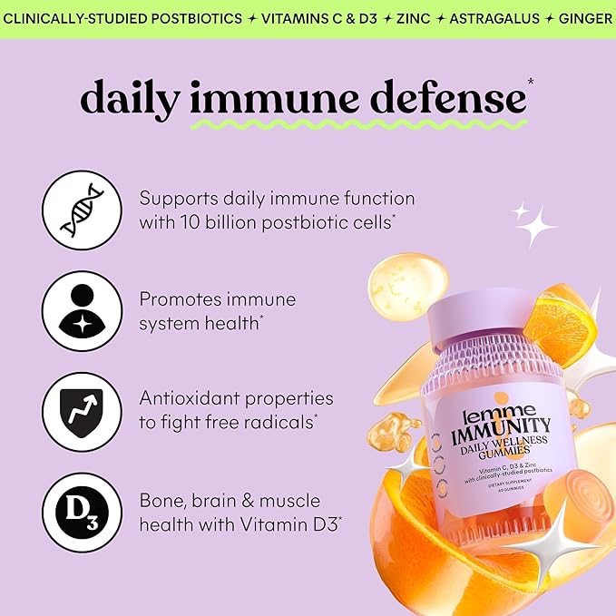 Lemme Immunity Postbiotic Gummies with Vitamin C, Vitamin D (2000 IU), Zinc, 10 Billion Postbiotic Cells, Astragalus for Immune Support - Vegetarian, Gluten Free, Sweet Orange (60 Count)