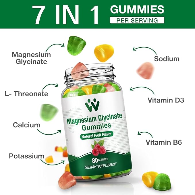 Magnesium Glycinate Gummies for Adults - Sugar Free Magnesium Potassium Supplement for Calm Mood, Muscle, Bone & Energy Support, 80 Gummies