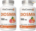 Diosmin Capsules, 240 Count, 1000 mg Serving, Vegan, Citrus Bioflavonoids 100% Vegetarian, Non-GMO & Gluten Free Diosmin Supplement with Max Strength - 2 Packs